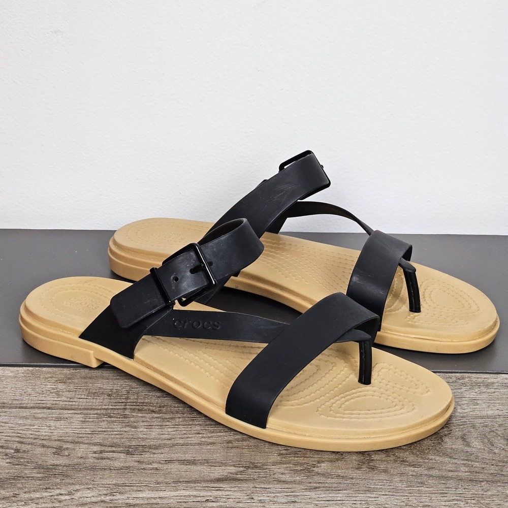 Crocs Womens Sandals Size 9 Tulum Toe Post Black Tan Strappy Buckle Flat 206108